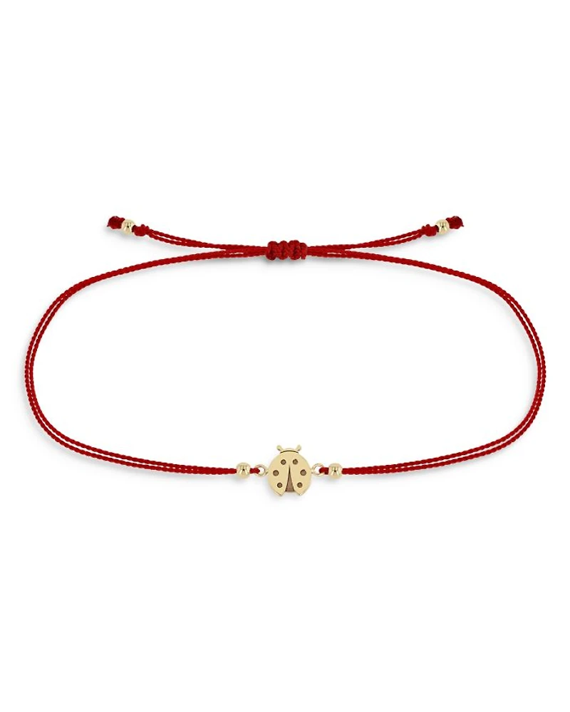 14K Yellow Gold Midi Bitty Ladybug Red Cord Bracelet