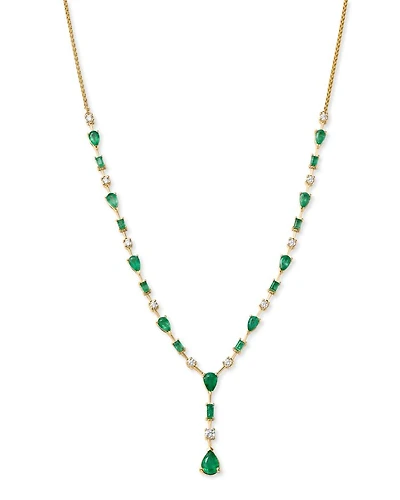 Emerald & Diamond Y Necklace in 14K Yellow Gold, 18"