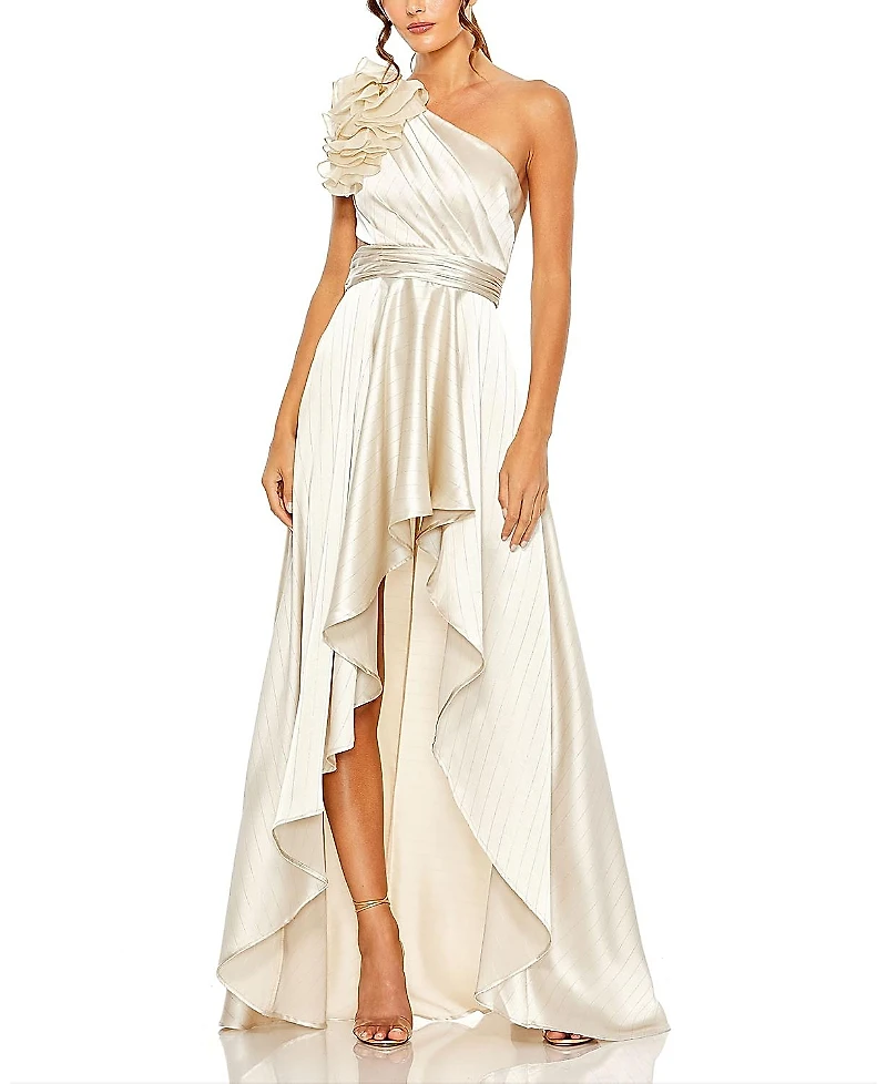 Mac Duggal Ruffled One Shoulder Cut Out Hi-Low Gown