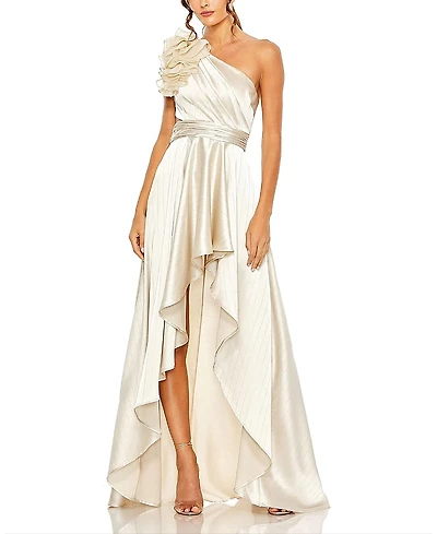 Mac Duggal Ruffled One Shoulder Cut Out Hi-Low Gown
