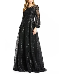 Mac Duggal Jewel Encrusted Illusion Long Sleeve A Line Gown