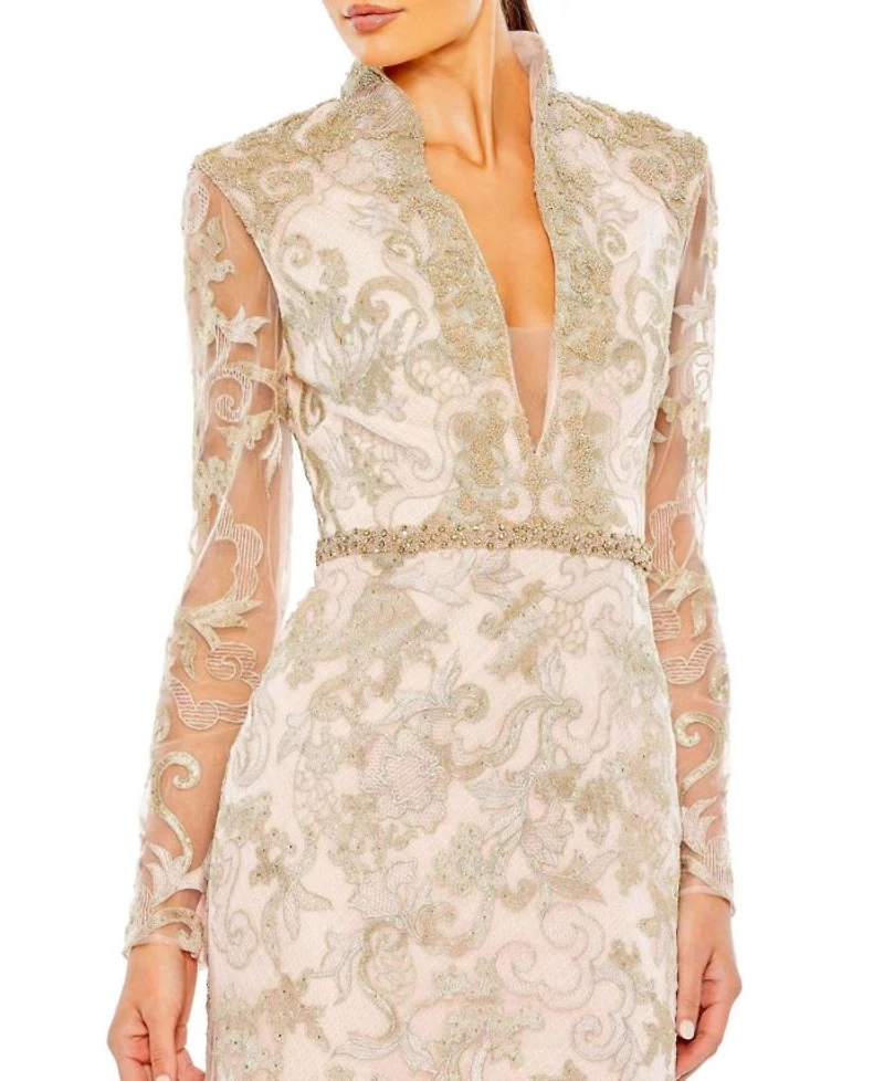 Long Sleeve Applique V-Neck Gown