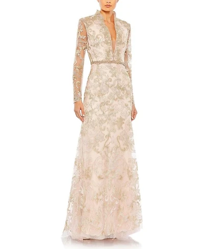 Long Sleeve Applique V-Neck Gown