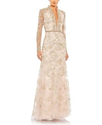 Long Sleeve Applique V-Neck Gown