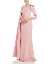 Teri Jon by Rickie Freeman Floral Applique Asymmetric Cape Gown