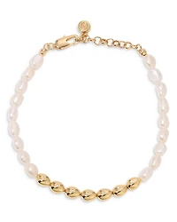 Pavé & Cultured Freshwater Pearl Polished Pebble Beaded Bracelet in 18K Gold Plated