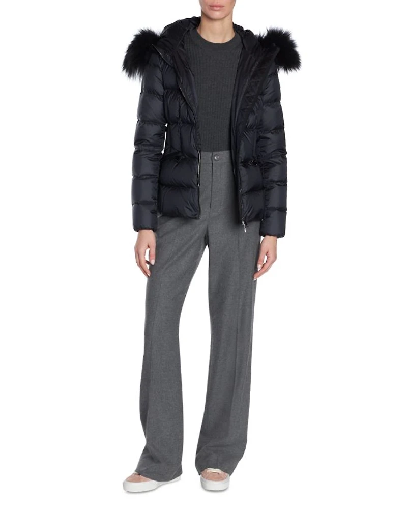 Boed Belted Down Jacket with Shearling Hood Trim