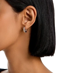 Diamond Round & Baguette Small Double Hoop Earrings in 14K Yellow & White Gold, 0.53 tcw