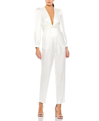 Mac Duggal Front Twist Puff Sleeve Ruched Waist Detail Deep V Jumpsuit