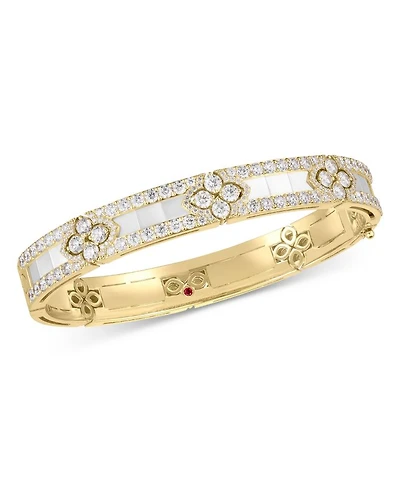 18K Yellow Gold Love in Verona Mother of Pearl & Diamond Flower Bangle Bracelet
