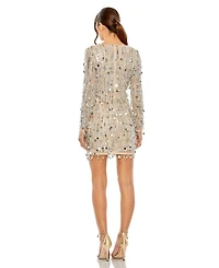 Long Sleeves Beaded Fringe Paillette Detail Plunge Neck Dress
