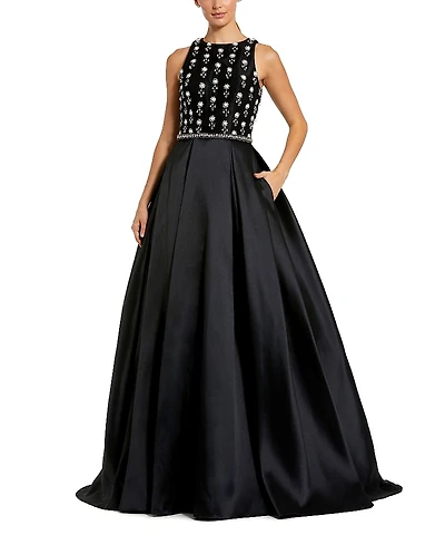 Mac Duggal High Neck Sleeveless Beaded Rhinestone Trimmed Waist Ball Gown