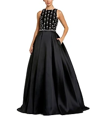 Mac Duggal High Neck Sleeveless Beaded Rhinestone Trimmed Waist Ball Gown