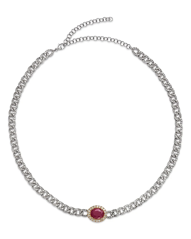 Bloomingdale's Fine Collection Ruby & Diamond Oval Halo Chain link Collar Necklace
