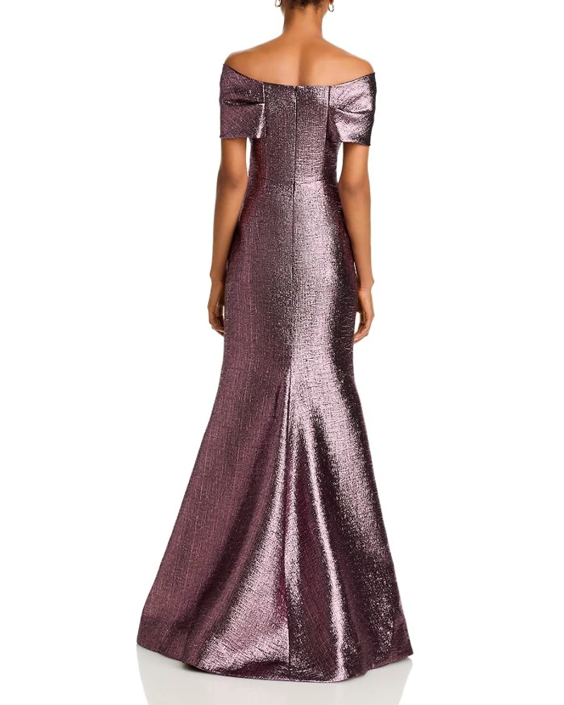 Metallic Jacquard Twist Bodice Off-the-Shoulder Gown