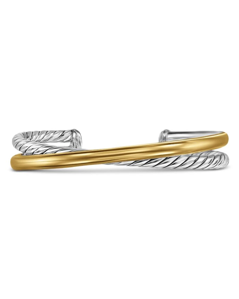 Crossover Two Row Cuff Bracelet in Sterling Silver with 14K Yellow Gold, 11mm