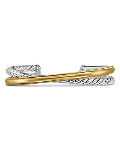 Crossover Two Row Cuff Bracelet in Sterling Silver with 14K Yellow Gold, 11mm