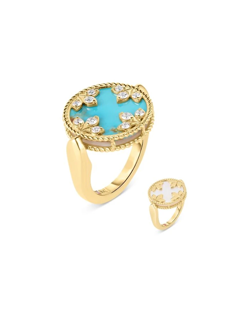 18K Yellow Gold Venetian Princess Medallion Turquoise, Mother of Pearl & Diamond Reversible Ring