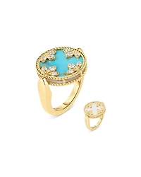 18K Yellow Gold Venetian Princess Medallion Turquoise, Mother of Pearl & Diamond Reversible Ring