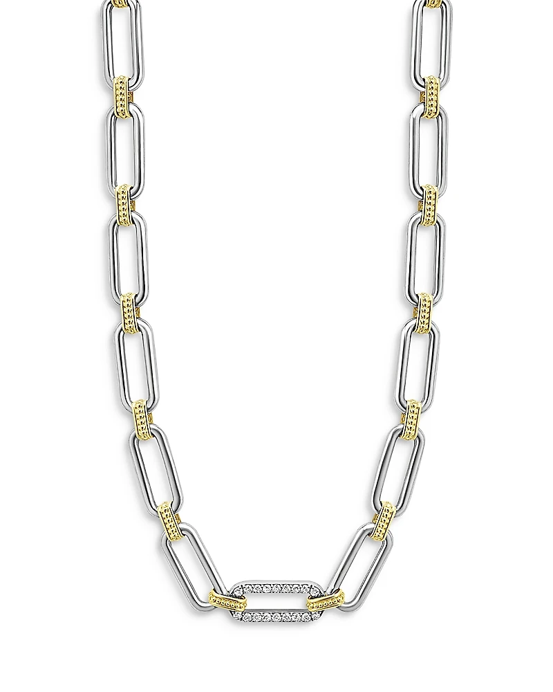 Lagos 18K Yellow Gold & Sterling Silver Signature Caviar Diamond Station Link Collar Necklace, 18