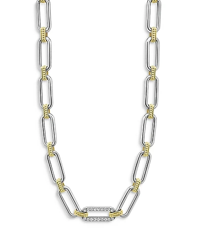 Lagos 18K Yellow Gold & Sterling Silver Signature Caviar Diamond Station Link Collar Necklace, 18