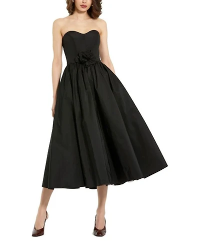 Strapless Faille A-Line Rose Detailed Midi Dress