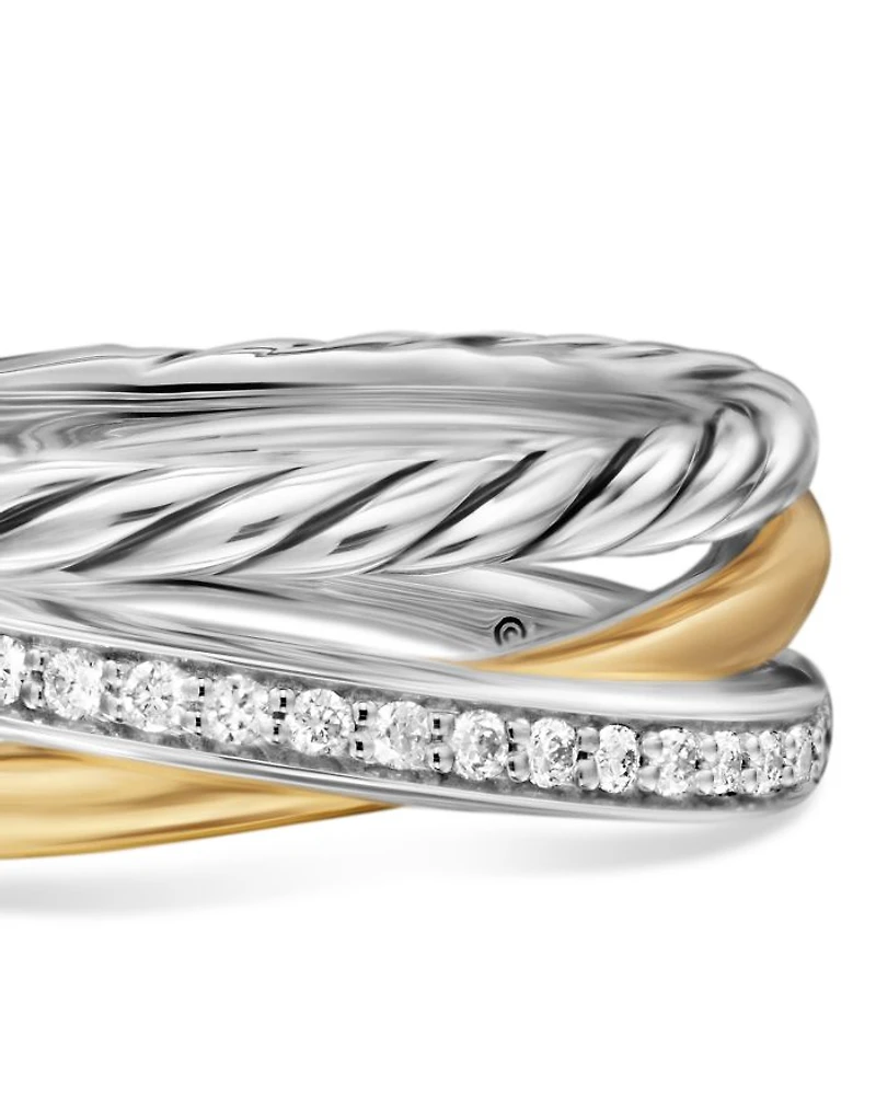 Crossover Three Row Ring Sterling Silver with 18K Yellow Gold and Diamonds, 7mm