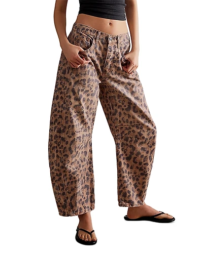 Free People We The Good Luck Leopard Barrel Leg Jeans