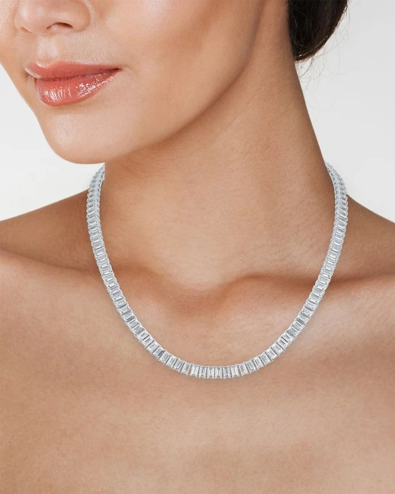 Emerald Cut Cubic Zirconia Tennis Necklace in Rhodium Plated, 16"