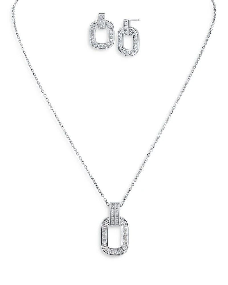 Baguette Cubic Zirconia Link Pendant Necklace & Stud Earrings Set in Rhodium Plated