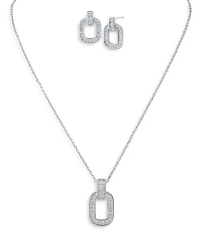 Baguette Cubic Zirconia Link Pendant Necklace & Stud Earrings Set in Rhodium Plated