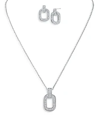 Baguette Cubic Zirconia Link Pendant Necklace & Stud Earrings Set in Rhodium Plated