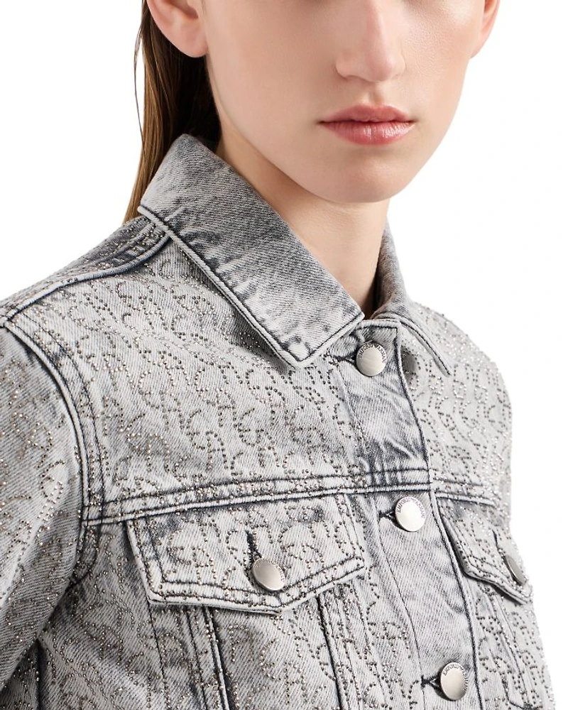 Rhinestone Logo Cropped Denim Jacket