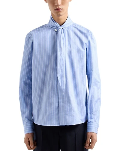 Twill Effect Striped Heavy Cotton Shirt with Tie