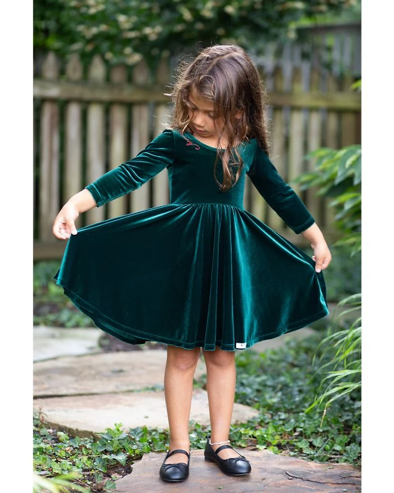 Girls' Holiday Twirly Dress Emerald Stretch Velvet - Little Kid, Big Kid