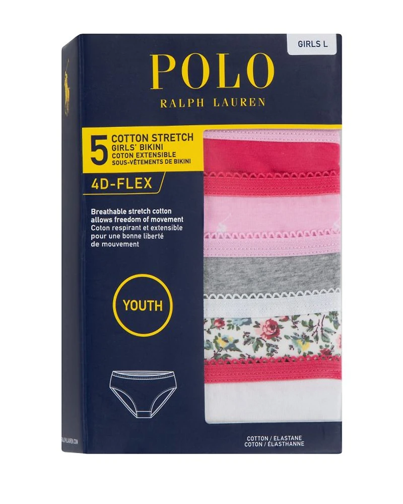 Girls' Cotton Stretch Jersey Bikini Briefs, Pack of 5 - Big Kid
