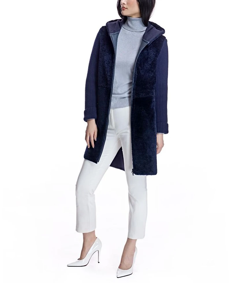 Hooded Shearling Coat with Knit Trim