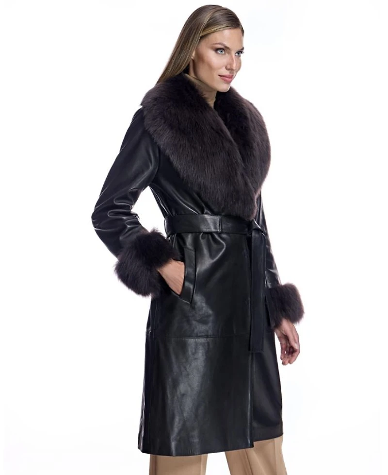 Leather Coat with Shearling Trim