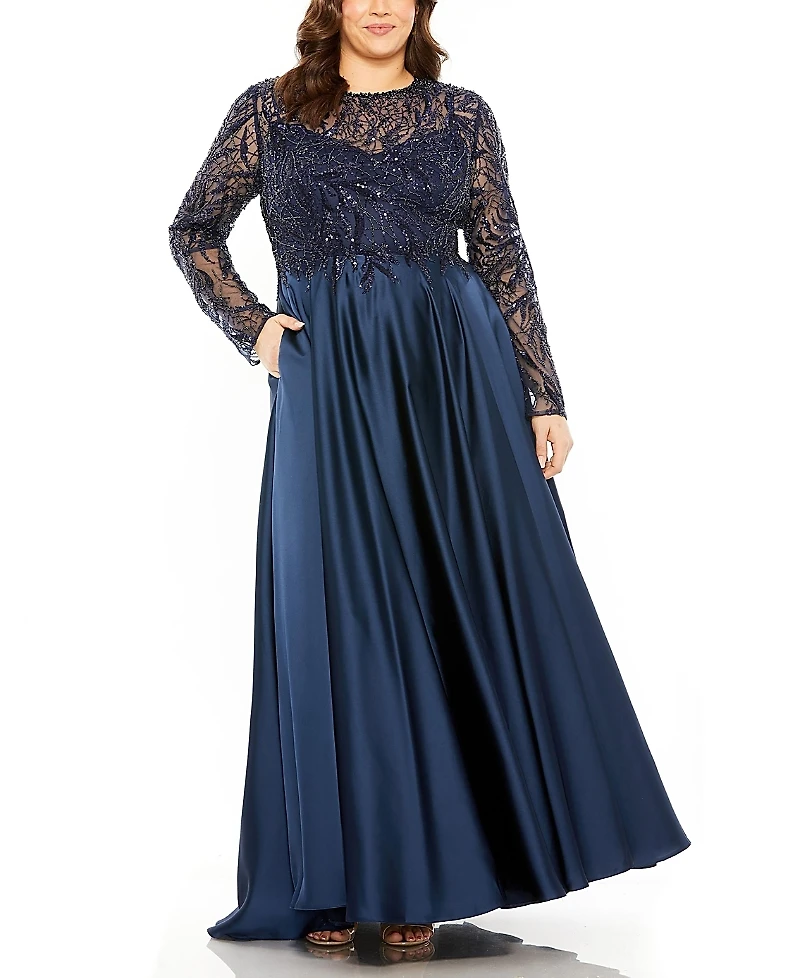 Mac Duggal Sheer Long Sleeve Beaded Top Satin Gown