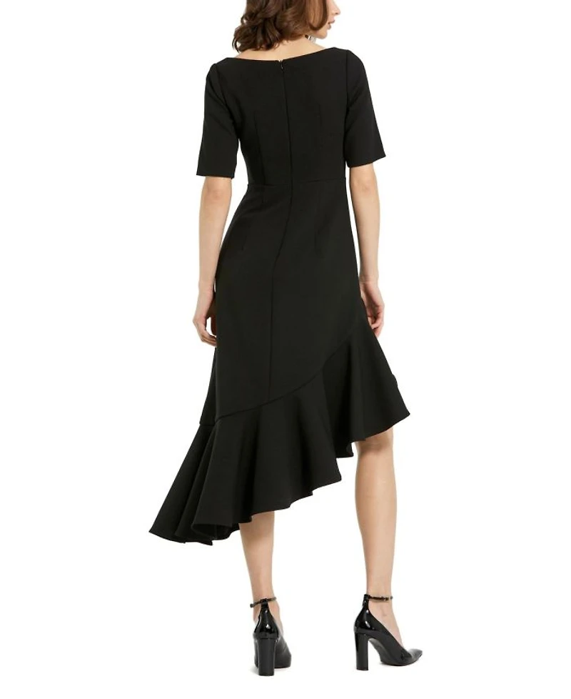 Crepe 3/4 Sleeve Asymmetrical Hem Belted Dress