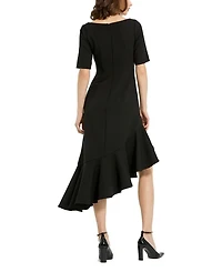 Crepe 3/4 Sleeve Asymmetrical Hem Belted Dress