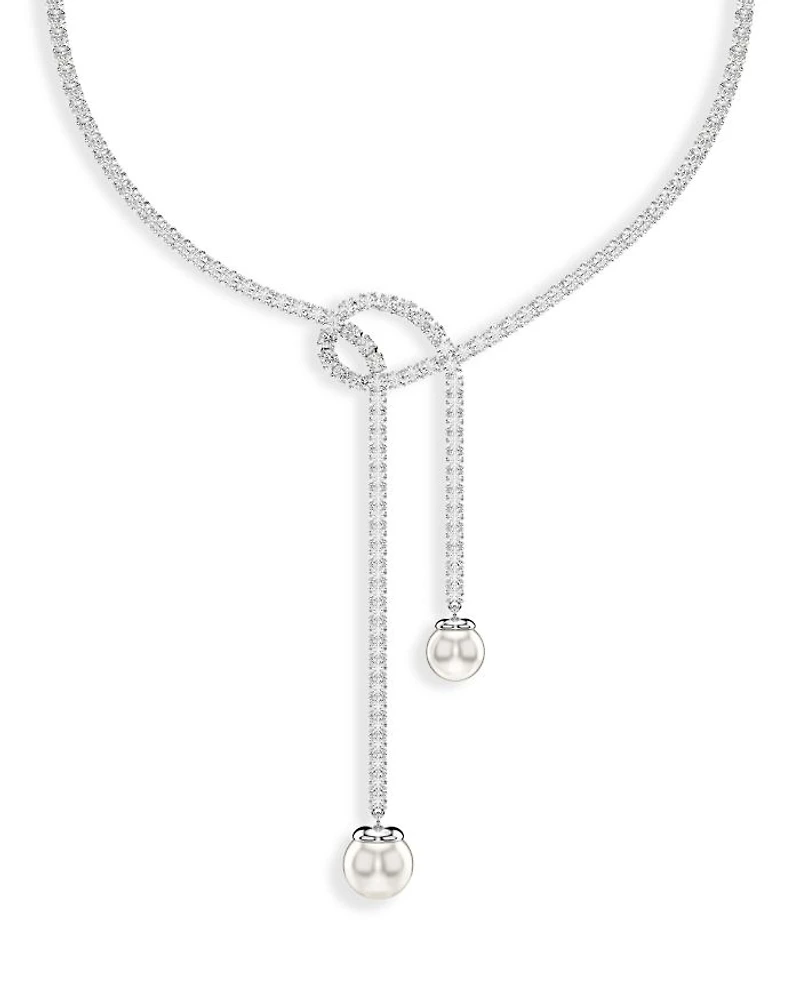 Matrix Crystal & Imitation Pearl Lariat Necklace in Rhodium Plated, 14.12"-16.12"