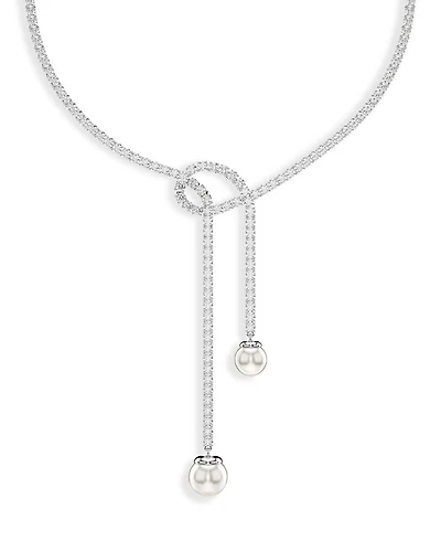 Matrix Crystal & Imitation Pearl Lariat Necklace in Rhodium Plated, 14.12"-16.12"
