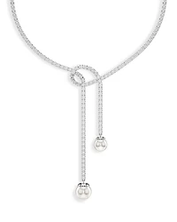 Matrix Crystal & Imitation Pearl Lariat Necklace in Rhodium Plated, 14.12"-16.12"