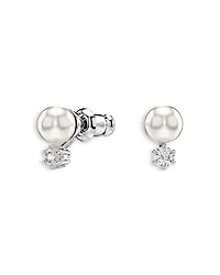 Matrix Crystal & Imitation Pearl Stud Earrings in Rhodium Plated