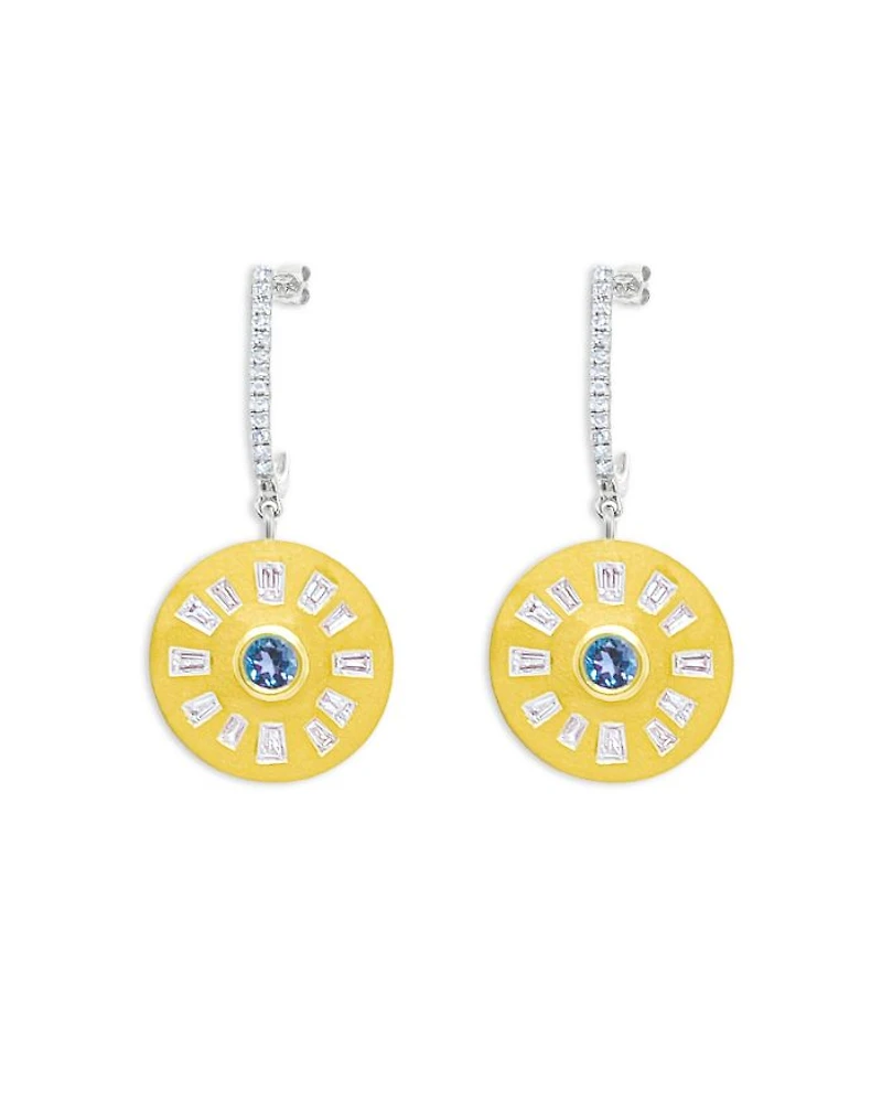 14K Yellow Gold Diamond & Blue Topaz Disc Drop Earrings