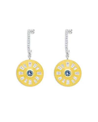 14K Yellow Gold Diamond & Blue Topaz Disc Drop Earrings