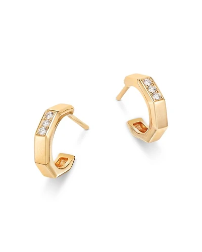 14K Yellow Gold Diamond Octagon Huggie Hoop Earrings