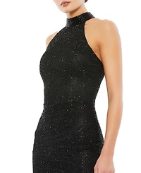 Hand Embellished Faux Wrap Flutter Sleeve Gown