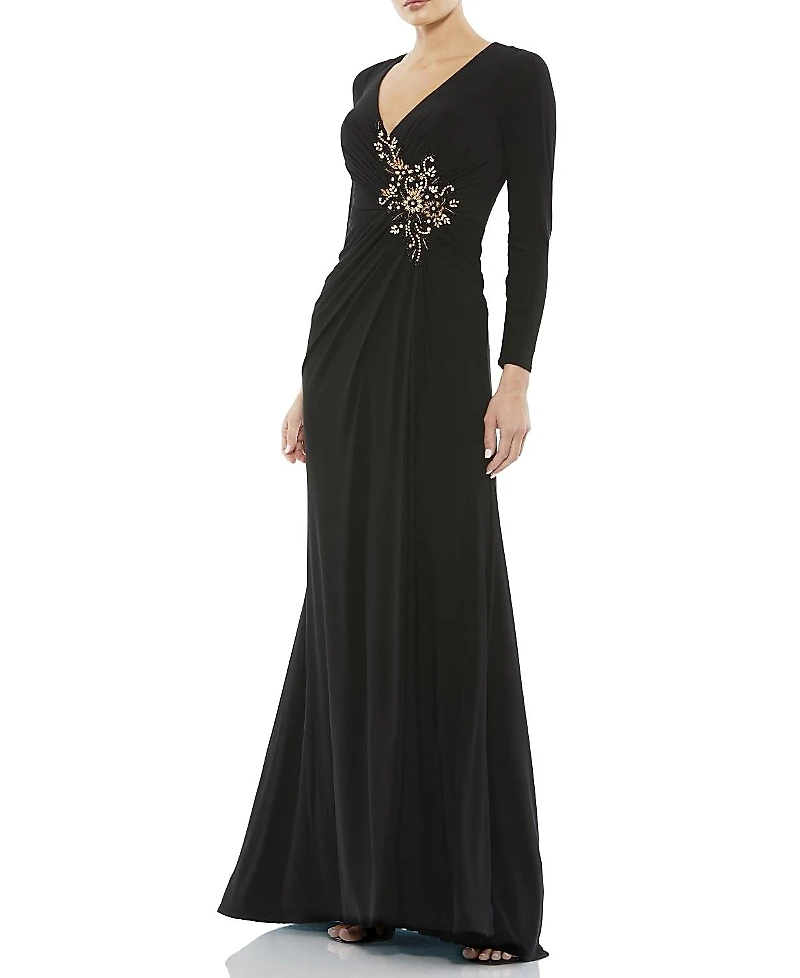 Mac Duggal Faux Wrap Long Sleeve Gown w/ Applique Detail
